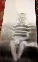 Memory Trace Boy Seated by Martha Fleury Charcoal, acrylic glaze and wax on canvas  54 x 24       